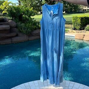 Sky Blue A-line Sleeveless Tiered Maxi Dress M Embroidered Lined Front Buttons